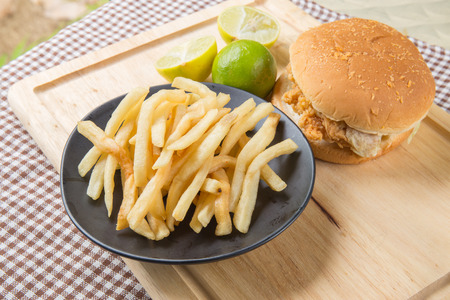 Potato and hamburger on tableの写真素材