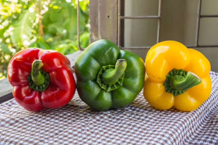 Colored Fresh Sweet Pepper on tableの写真素材