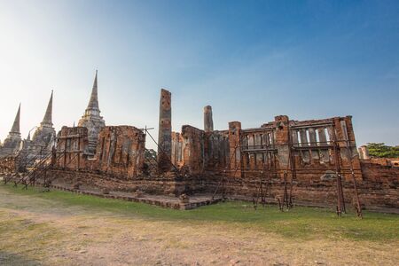 Asian religion architecture. Ancient Buddhist pagoda ruins, Thailand travel landscape and destinationsの写真素材