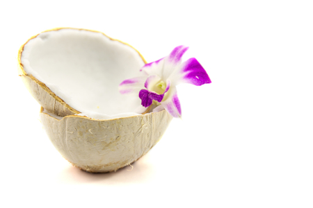 Two coconut one of which is splitの写真素材