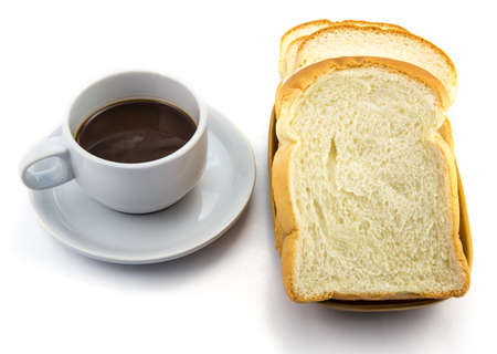 cup of coffee bread on white backgroundの写真素材