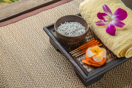 Spa Set. flower Shaped Candles, incense sticks in orange boxの写真素材