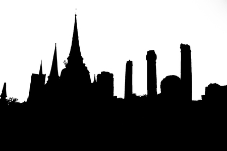 Pagoda Silhouette Temple, Ayutthaya Province, Thailand, white backgroundの写真素材