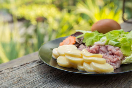 egg tofu and pork with rawの写真素材