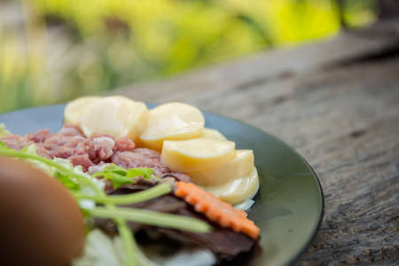 egg tofu and pork with raw, focus tofuの写真素材