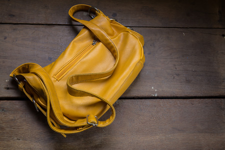 eather school bag on deskの写真素材