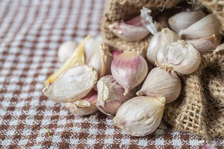 Burlap sack with garlicの写真素材