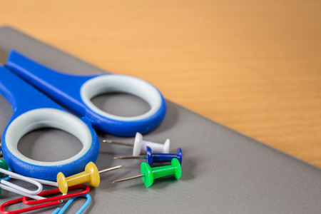 School stationery on wood tableの写真素材