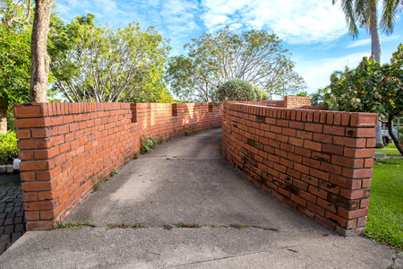 cement floor pathway, walkway in gardenの写真素材
