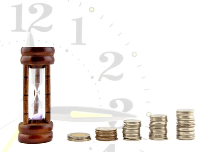 Business Money Concept Idea Coins and Hourglass, Growth chart and hourglass on white background