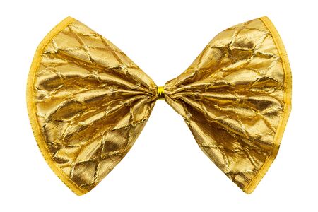 single gift bow, golden with one ribbon on white backgroundの写真素材