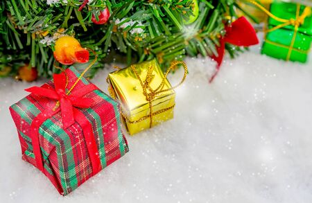 Christmas decoration, box gift covered with snow