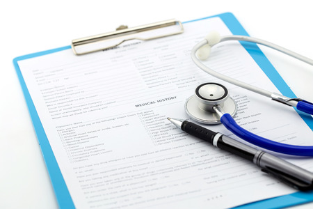 Medical questionnaire, stethoscope and penの写真素材