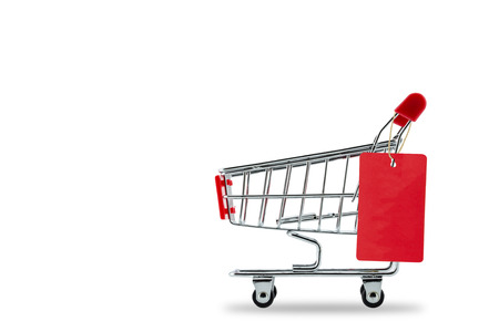 shopping cart with empty price tag on white background, clipping partの写真素材