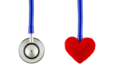 Medical stethoscope and heart isolated on white backgroundの写真素材