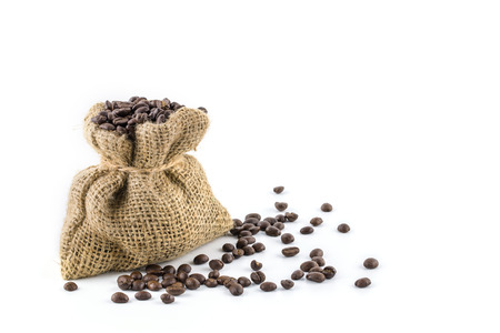 coffee beans in bag isolated on white backgroundの写真素材