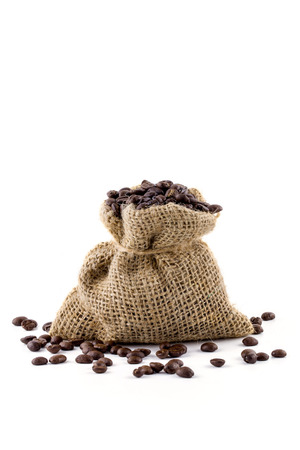 coffee beans in bag isolated on white backgroundの写真素材