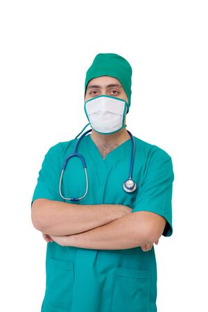 portrait of doctor in mask and green uniform isolated on white backgroundの写真素材