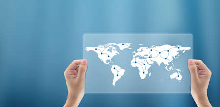 hand of business man holding global world map digital communication and network and data exchanges,...