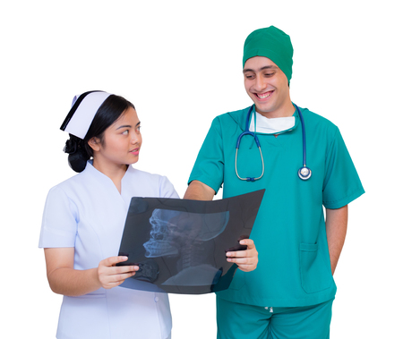 Asian man doctor and woman nurse with discuss about film x-ray result - checking as professional -...