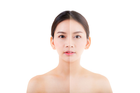 beautiful asian young woman on a white background, beauty concept. retouch before and after.の写真素材