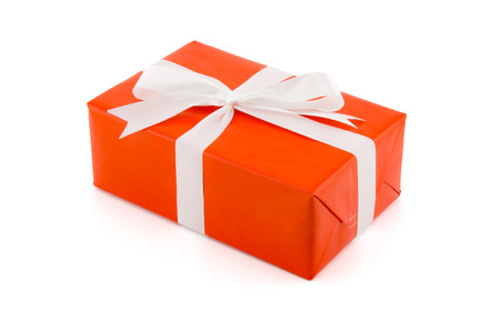 red gift box white ribbon isolated on white background, using for christmas and new year or holiday other.の写真素材