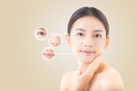Beautiful girl with makeup, beautiful asian young woman face with eye, mouth and nose over circles for advertising on yellow background.の写真素材