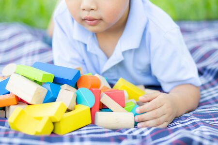 Little boy is playing for idea and inspiration with toy block in the grass field, kid learning with construction block for education, child activity and game in the park with happy in the summer.の写真素材