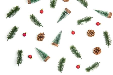 Christmas holiday composition with gift and decoration isolated on white background, new year and xmas or anniversary with presents in season, top view or flat lay.の写真素材