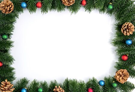 Christmas holiday composition with gift and decoration isolated on white background, new year and xmas or anniversary with presents in season, top view or flat lay.の写真素材