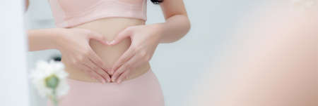 Young asian woman in underwear looking in mirror with belly figure slim is diet and doing hand is a heart shape at home, beauty body girl in lingerie shape fit with weight loss, banner website.の写真素材