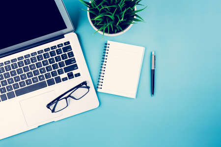 Flat lay of Laptop computer and plant and pen on desk in office, workplace and notebook and glasses...