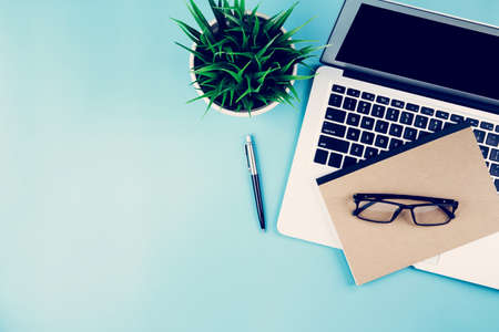 Flat lay of Laptop computer and plant and pen on desk in officeの写真素材