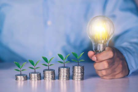 Hands of businessman holding light bulb while coin and tree on desk, saving and finance for success,...