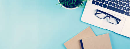Flat lay of Laptop computer and plant on desk in office, workplace and notebook and glasses and potted tree and book, workspace and copy space, top view, object with above, nobody, business concept.の写真素材
