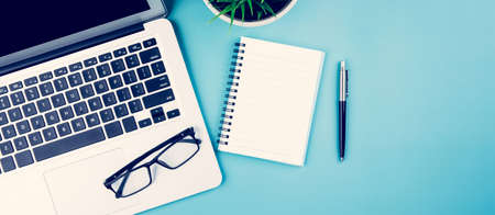 Flat lay of Laptop computer and plant and pen on desk in office, workplace and notebook and glasses...