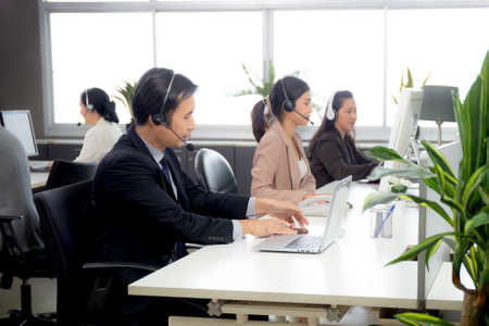 Customer service with friendly, man and woman call center and operator for support client, group of...
