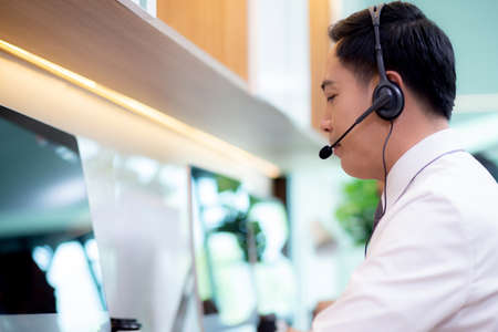 Customer service with friendly, man and woman call center and operator for support client, group of...