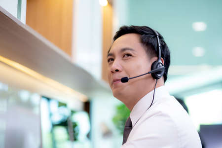 Customer service with friendly, man and woman call center and operator for support client, group of...