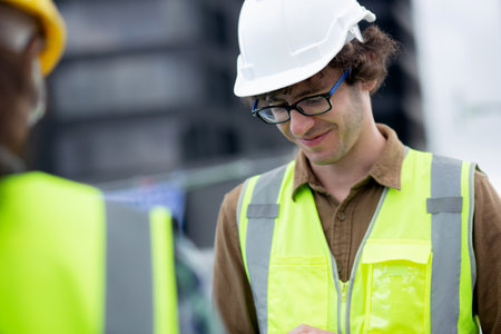Young man and woman is architect planning and inspector project and looking digital tablet at construction site, engineer male and female working and examining for development real estate.の写真素材