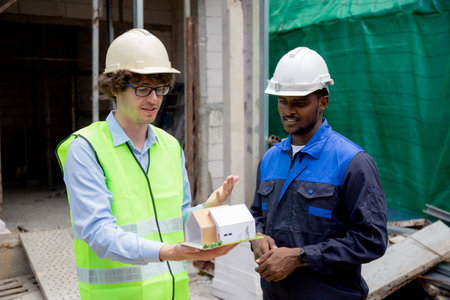 Architect and builder talking and holding model house at construction site, contractor and worker...