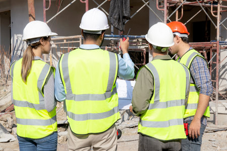 Team group of contractor and architect with foreman explaining about scheme building site for...