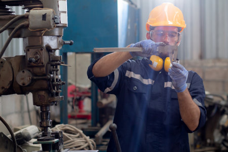 Young caucasian engineer man examining and measuring steel with expertise at lathe factory, worker...