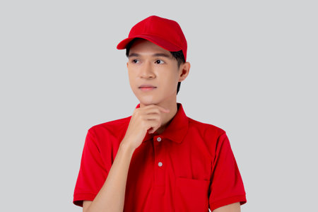 Young asian man in uniform red and cap standing and thinking idea isolated on white background, employee or dealer, courier and delivery, deliveryman and expression, logistic and cargo.の写真素材
