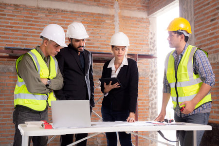 Team architect or engineer man and woman meeting for planning and strategy of development real...