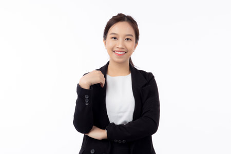 Portrait beautiful businesswoman in suit with arms crossed standing isolated on white background, young asian business woman is manager or executive smile with confident is positive and success.の写真素材
