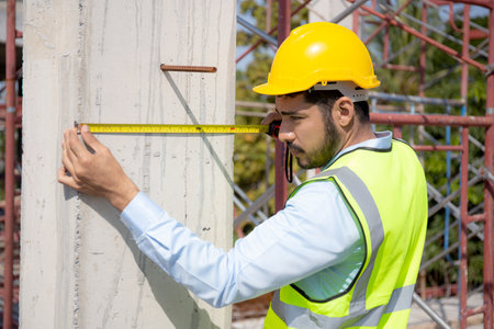 Engineer young man using tape measure for check and examining length of structure with professional at construction site, architect inspection and improvement infrastructure, industry concept.の写真素材
