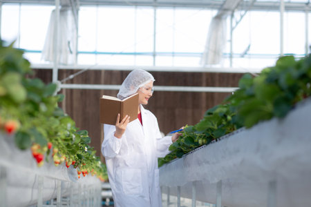 Young asian woman check cultivation strawberry with happiness for research and writing notebook in farm greenhouse laboratory, female examining strawberry with agriculture, small business concept.の写真素材