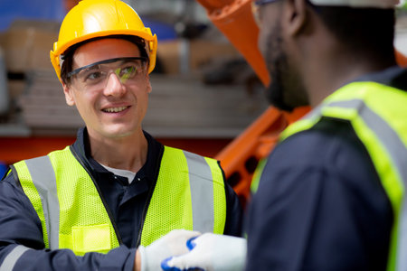 Two young engineer man handshake with partner for agreement while checking and maintenance robot arms technology at factory industrial, technician deal with partnership, industry concept.の写真素材