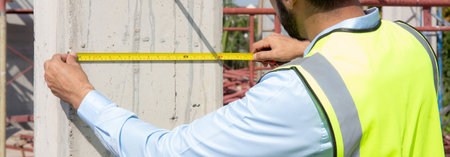 Engineer young man using tape measure for check and examining length of structure with professional...